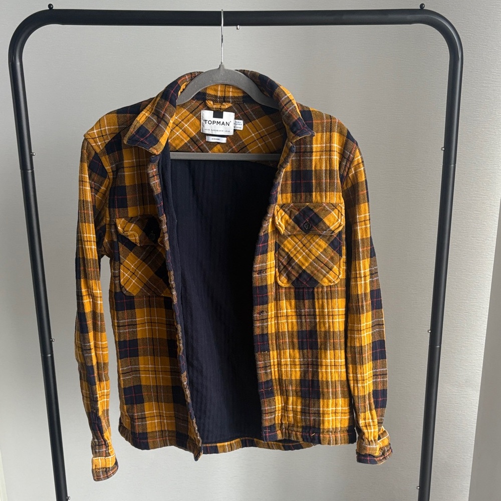 Topman Yellow and Navy Checkered Flannel Shirt